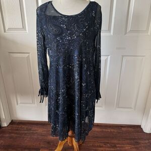 Paisley Sheer Overlay Dress Womens Medium Paisley Boho Bohemian Mesh Flowy Blue